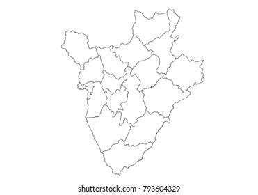 burundi map with country borders, thin black outline on white background. High detailed vector map with counties/regions/states - burundi. contour, shape, outline, on white.