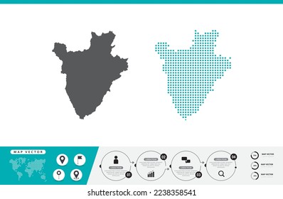 Mapa burundés de puntos grises y verdes para presentación. Establece el concepto creativo de un par de píxeles para infografía.