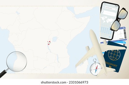 Burundi map and flag, cargo plane on the detailed map of Burundi with flag, passport, magnifying glass and airplane. Vector template.