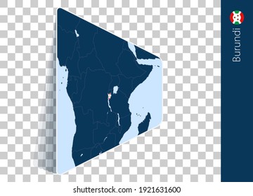 Burundi map and flag on transparent background. Highlighted Burundi on blue vector map.