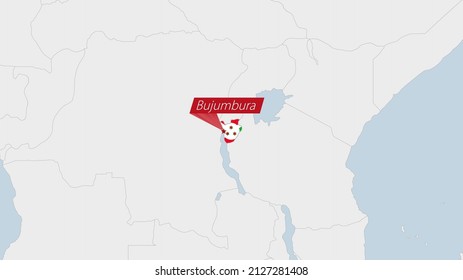 Burundi map highlighted in Burundi flag colors and pin of country capital Gitega, map with neighboring African countries.