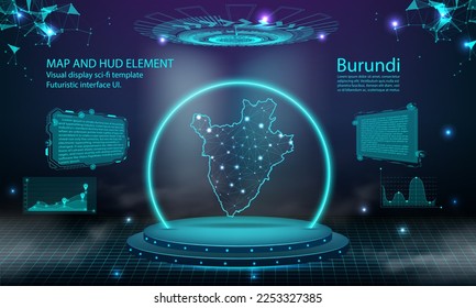 burundi map light connecting effect background. abstract digital technology UI, GUI, futuristic HUD Virtual Interface with burundi map. Stage futuristic podium in fog.