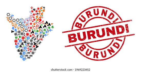 Burundi map mosaic and rubber Burundi red round seal. Burundi seal uses vector lines and arcs. Burundi map mosaic includes markers, houses, showers, suns, people, and more pictograms.