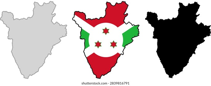 Burundi map and national flag vector design featuring the geographic outline of Burundi with its red, white, and green flag pattern and national stars, isolated on a transparent background