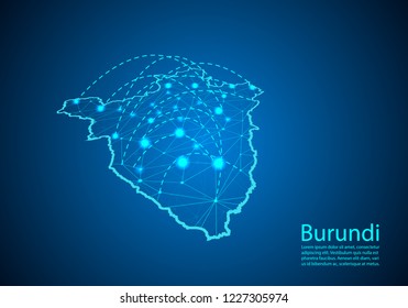 Burundi map with nodes linked by lines. concept of global communication and business. Dark Burundi map created from white dots with travel locations or internet connection.