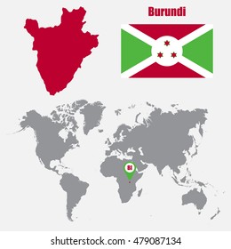 Burundi map on a world map with flag and map pointer. Vector illustration