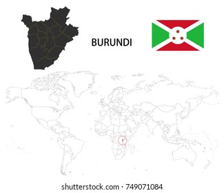 Burundi map on a world map with flag on white background.