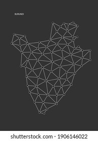 Burundi Map Point scales on black background. Wire frame polygonal network white line, dot and shadow dot.