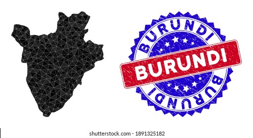 Burundi map polygonal mesh with filled triangles, and grunge bicolor watermark. Triangle mosaic Burundi map with mesh vector model, triangles have randomized sizes, and positions, and color tones.