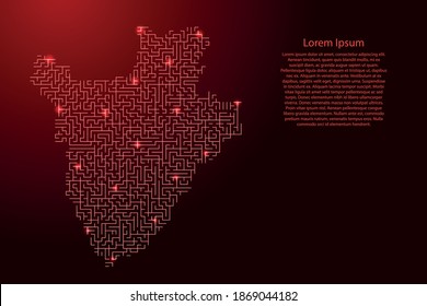 Burundi map from red pattern of the maze grid and glowing space stars grid. Vector illustration.