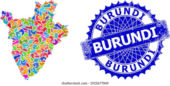 Burundi map vector image. Splash collage and unclean stamp seal for Burundi map. Sharp rosette blue stamp with text for Burundi map.