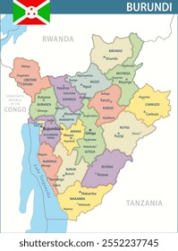 Burundi Map Vector New 2024 Colorful - Customizable layered political map of Burundi with administrative divisions for website, education, reports, news, politics, print, poster and wallpaper