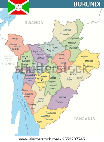Burundi Map Vector New 2024 Colorful - Customizable layered political map of Burundi with administrative divisions for website, education, reports, news, politics, print, poster and wallpaper