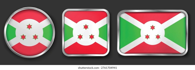 BURUNDI Metallic Flag Collection, Circular, Square and Rectangular BURUNDI Flag Badges Set