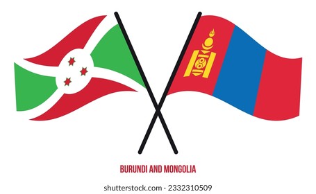 Burundi- und Mongolei-Flaggen überqueren und schwingen flatternden Stil. Offizieller Anteil. Korrigieren Sie Farben.