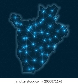 Burundi Netzwerkkarte. Abstrakte geometrische Karte des Landes. Digitale Verbindungen und Telekommunikationsdesign. Glühendes Internet-Netzwerk. Radiante Vektorgrafik.