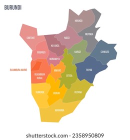 Burundi political map of administrative divisions - provinces. Colorful spectrum political map with labels and country name.