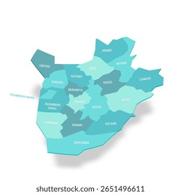 Mapa político de divisões administrativas do Burundi - províncias. Mapa de vetor turquesa 3D com rótulos de nome.