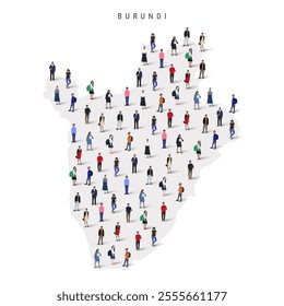 Burundi population map. Large group of realistic a diverse crowd of people figures in a shape of Burundian map. Flat vector illustration isolated on white.