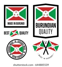 Burundi quality isolated label set for goods. Exporting stamp with burundian flag, nation manufacturer certificate element, country product vector emblem. Made in Burundi badge collection.