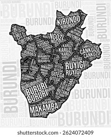 Burundi regions map word cloud. Burundi region names. Black and white map design. Stylish vector illustration.