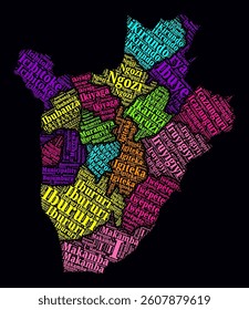 Burundi Regions Word Clouds. Bright neon style design on dark background. Region names of the country in French language. Country shape with administrative division. Stylish vector illustration.