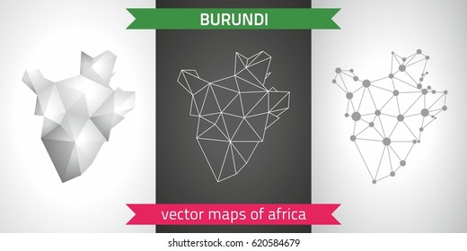 Burundi set of grey and silver mosaic 3d polygonal maps. Graphic vector triangle geometry outline shadow perspective maps