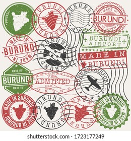 Burundi Set of Stamps. Travel Passport Stamps. Made In Product Design Seals in Old Style Insignia. Icon Clip Art Vector Collection.