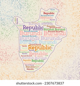 Burundi shape with country names word cloud in multiple languages. Burundi border map on cool triangles scattered around. Superb vector illustration.
