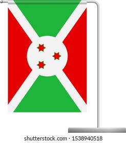 Burundi table flag. Metal flagpole. National flag of Burundi vector illustration