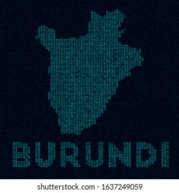 Burundi tech map. Country symbol in digital style. Cyber map of Burundi with country name. Radiant vector illustration.