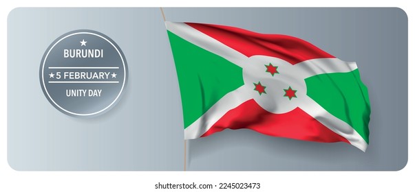 Burundi unity day vector banner, greeting card. Burundian wavy flag in 5th of February national patriotic holiday horizontal design