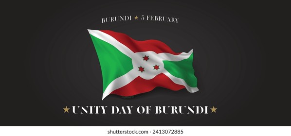 Burundi unity day vector banner, greeting card. Burundian wavy flag in 5th of February patriotic holiday horizontal design with realistic flag