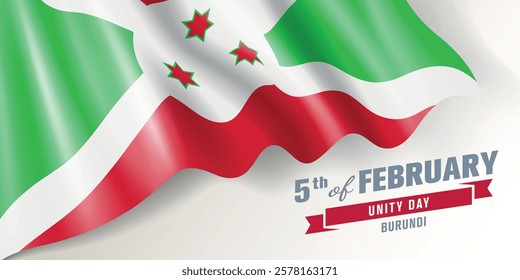 Burundi unity day vector banner, greeting card. Burundian wavy flag in 5th of February national patriotic holiday horizontal design