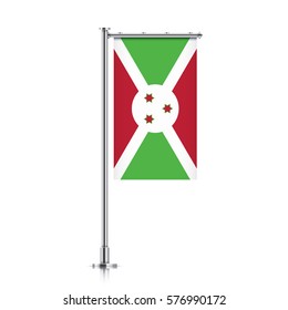 Burundi vector banner flag hanging on a silver metallic pole. Burundi vertical flag template isolated on a white background.