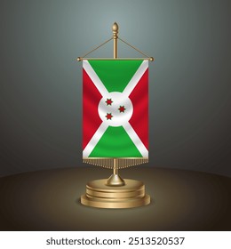 Bandera de mesa de la Vertical de Burundi con el polo de oro de Burundi en el fondo oscuro del gradiente, Ilustración vectorial del Anuncio de la Plantilla