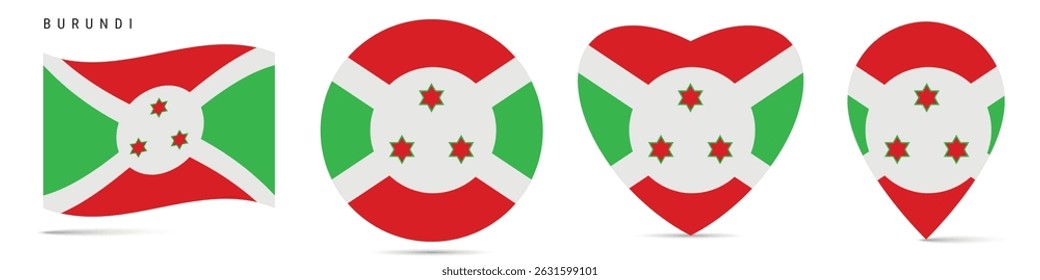 Burundi waving flag, round circle sticker badge, heart shaped icon, map pin. Burundian flag buttons of different shapes. Vector illustration isolated on white.