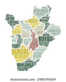 Burundi Word Cloud. Country shape with region division. Burundi typography style image. Region names tag clouds. Vector illustration.