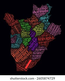 Burundi Word Cloud. Region names of the country in French language. Bright neon style design on dark background. Burundi shape with administrative division. Creative vector illustration.