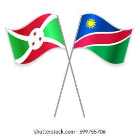 Burundian and Namibian crossed flags. Burundi combined with Namibia isolated on white. Language learning, international business or travel concept.