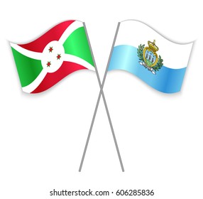 Burundian and Sammarinese crossed flags. Burundi combined with San Marino isolated on white. Language learning, international business or travel concept.