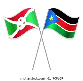 Burundian and South Sudanese crossed flags. Burundi combined with South Sudan isolated on white. Language learning, international business or travel concept.