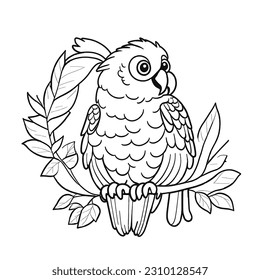 burung beo di cabang. halaman mewarnai kartun gaya kawaii untuk anak-anak, gaya kartun. Print for coloring pages.