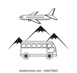 bus, airplane and mountains over white background. wanderlust 