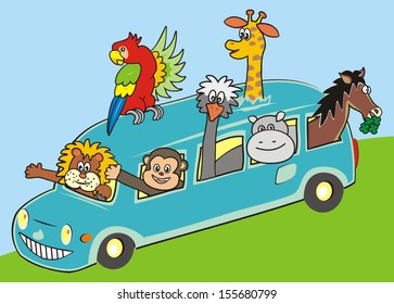 Bus and animals,  lion, ostrich, monkey, hippo, horse and parrot. Humorous illustration. Vector icon.