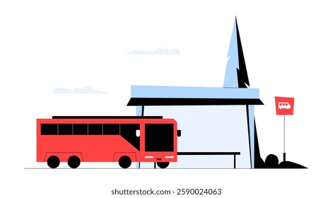 Bus Arriving At Stop In Flat Vector Illustration Symbolizing Public Transportation, Urban Mobility, And Daily Commuting, Isolated On White Background