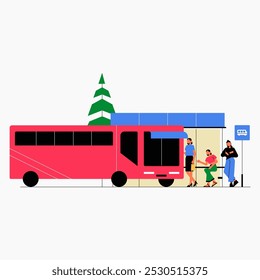 Bus, der an der Bushaltestelle ankommt, mit Fahrgästen in flacher Vektorgrafik, die öffentliche Verkehrsmittel, Pendelverkehr und Stadtverkehr symbolisiert, einzeln auf weißem Hintergrund.