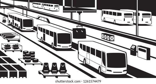 Bus assembly line - vector illustration