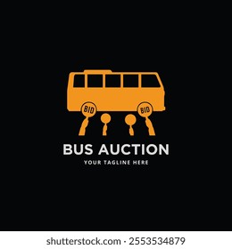 Bus auction logo with hands holding voting bid paddle and passenger vehicle icon vector graphic illustration template