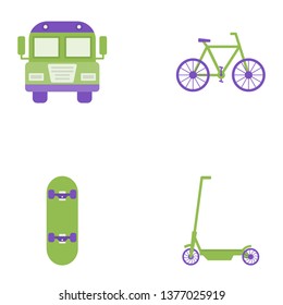 Bus, bicycle, skate and scooter vector flat icons, transportation vector illustration